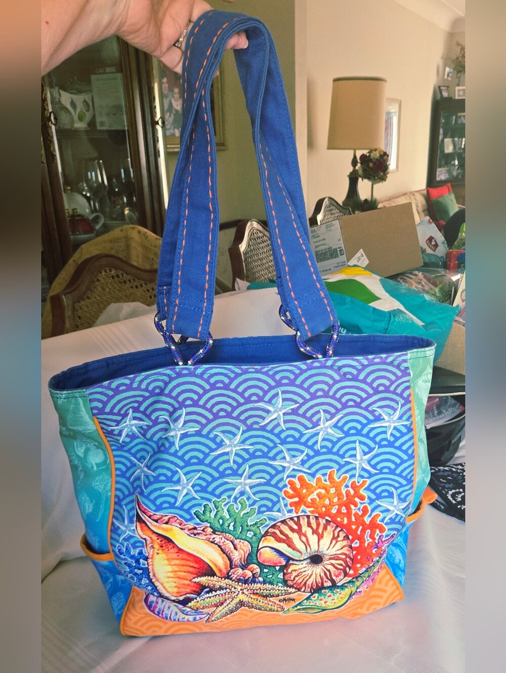 EUC Messina X Sun N Sand Tote with Bright Orange Interior
